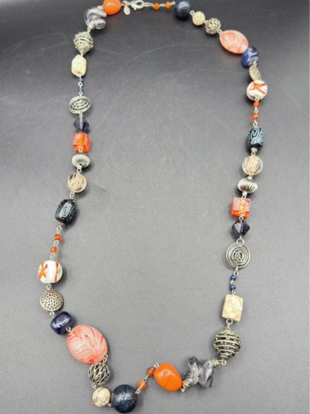 Artisan Multi-Bead Orange and Navy Beaded Necklace